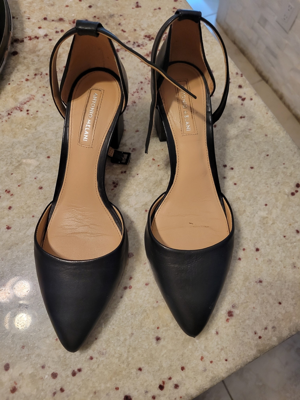 ANTONIO MELANI Black Pointed Ankle-Strap Pumps with Block Heel